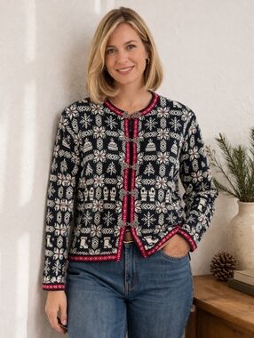 Talbots Nordic Fair Isle Cardigan Sweater Petite Sm Holiday Cotton Cozy Winter